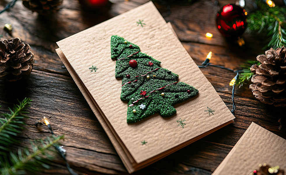 Postal com um pinheiro de Natal feito à mão, uma ideia de presente DIY para um Natal sustentável